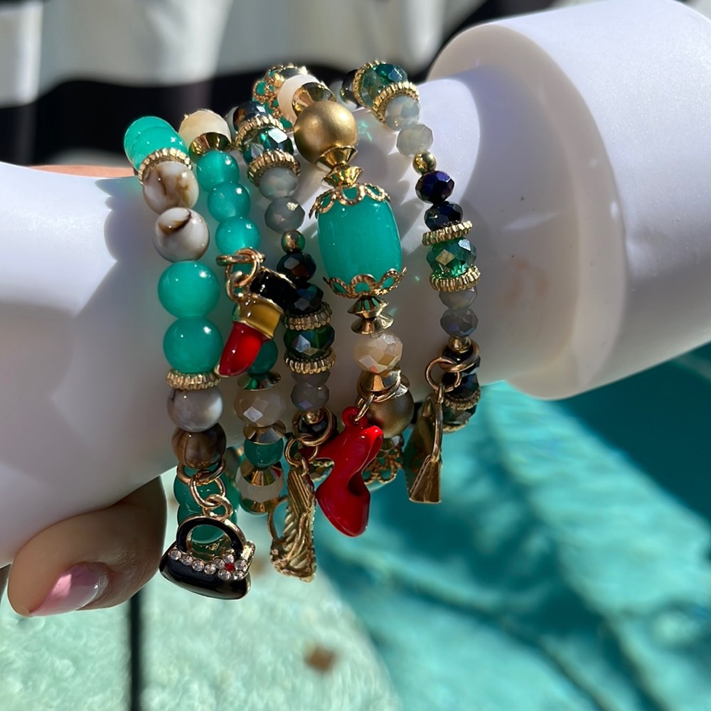 NWT Bohemian Stackable Aqua Green/Multi Gold Charmed Bracelet